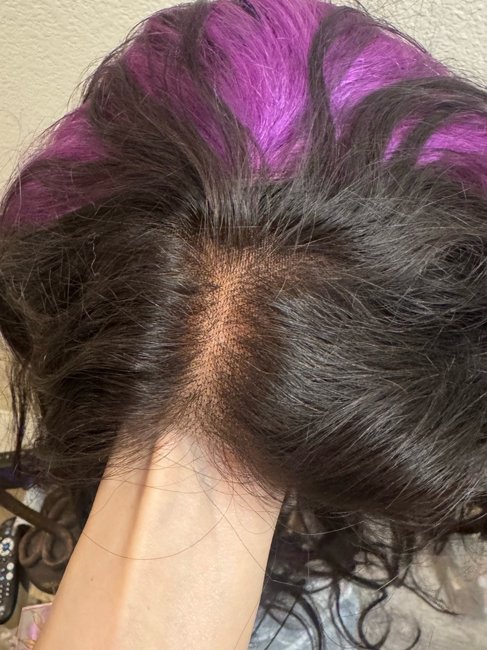 100% Human Hair Black with Purple Highlights Wig